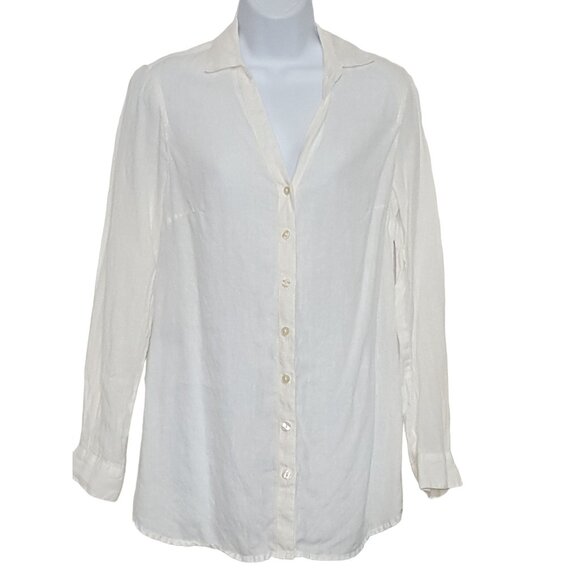 Coldwater Creek Linen Blouse Womens S Long Roll Tab Sleeve V Neck White Button - Picture 3 of 8
